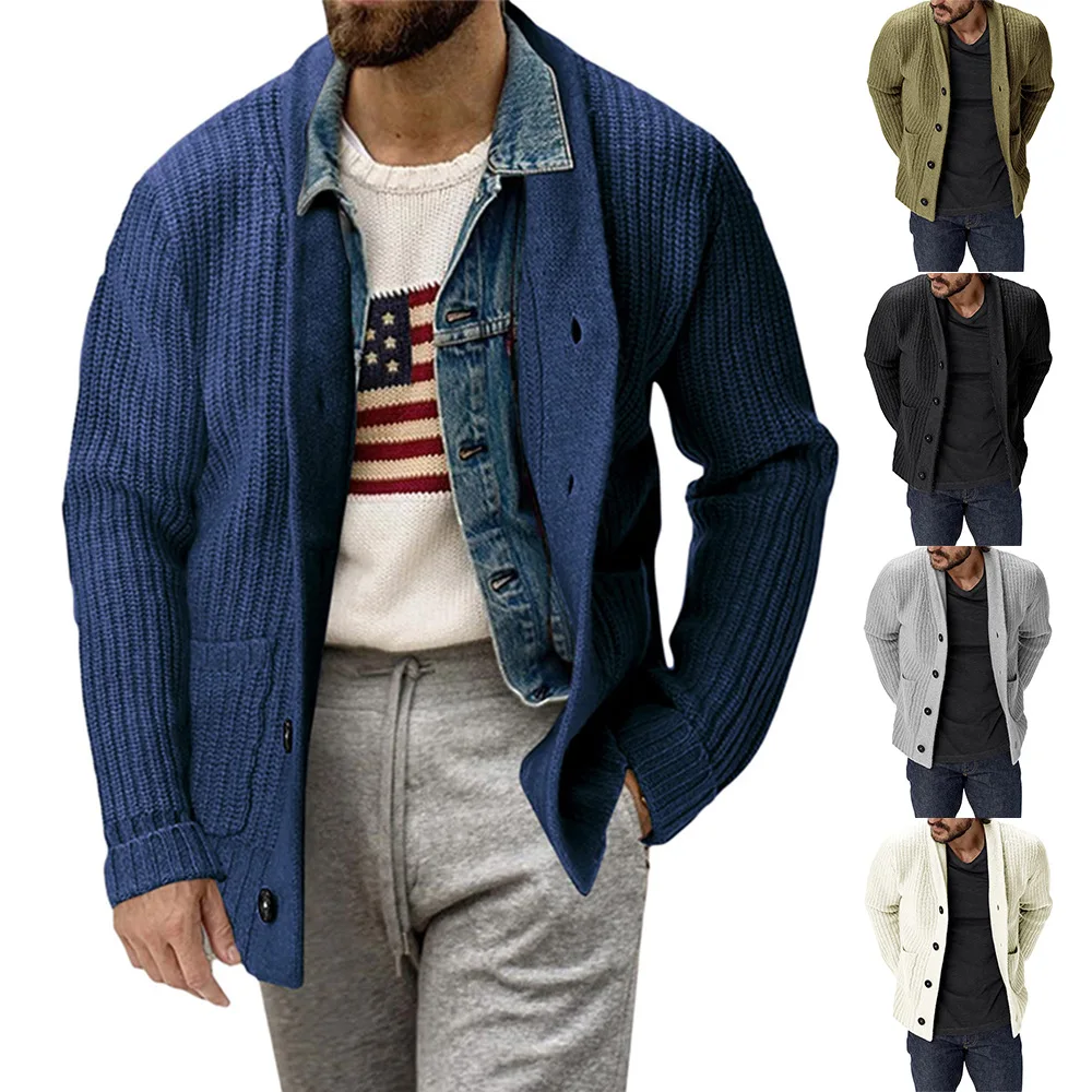 

Men Striped Casual Knitting Cardigan Autumn Winter Solid Long Sleeve Male Jacket Daily Style Pocket Men's Sweater Coat