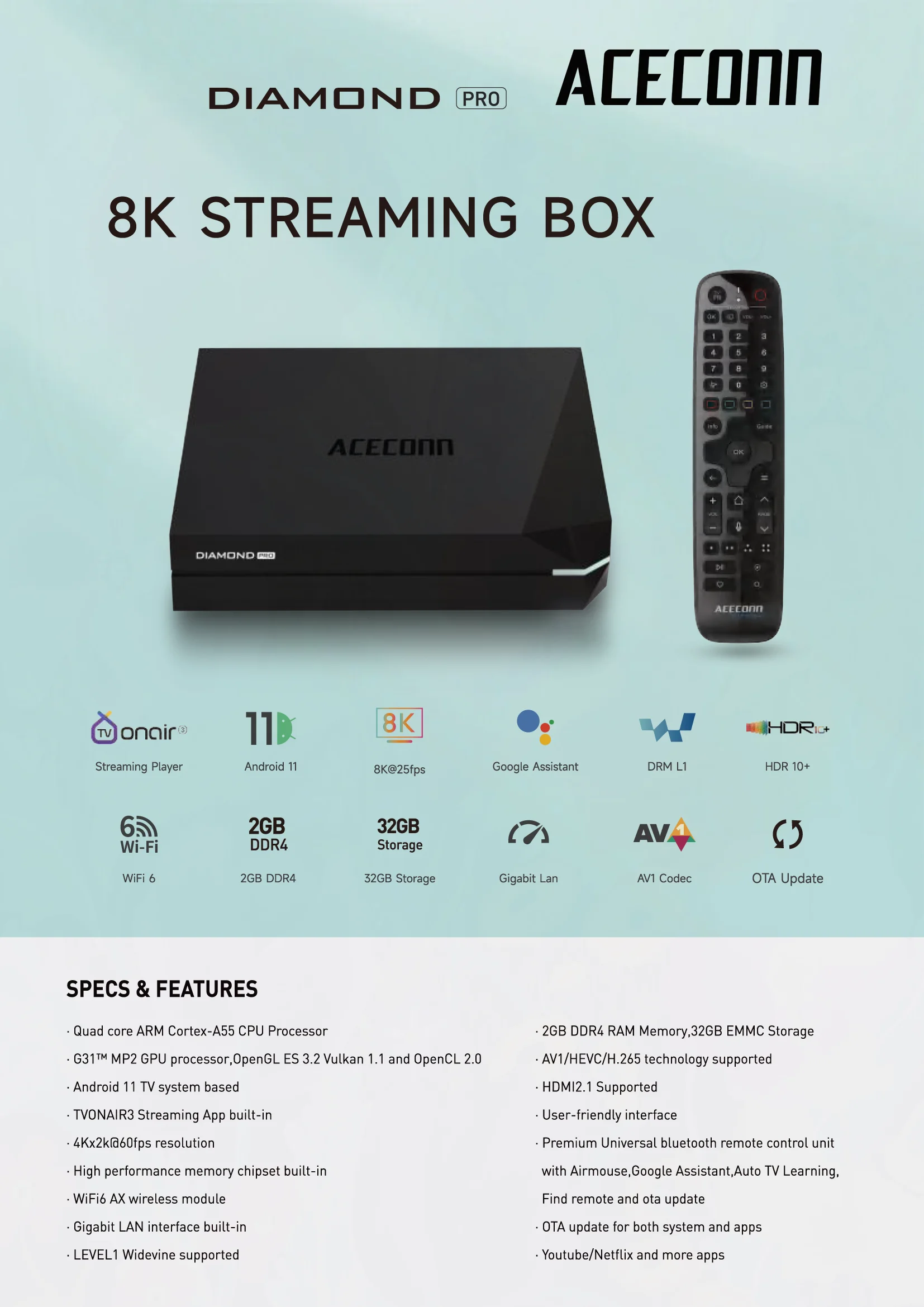 Фото ACECONN Diamond-Pro TV Box IPTV 2 ГБ + 32 ГБ двухдиапазонный Wi-Fi 6 Bluetooth голосовой пульт дистанционного управления кнопка подсветки HD 4K №4