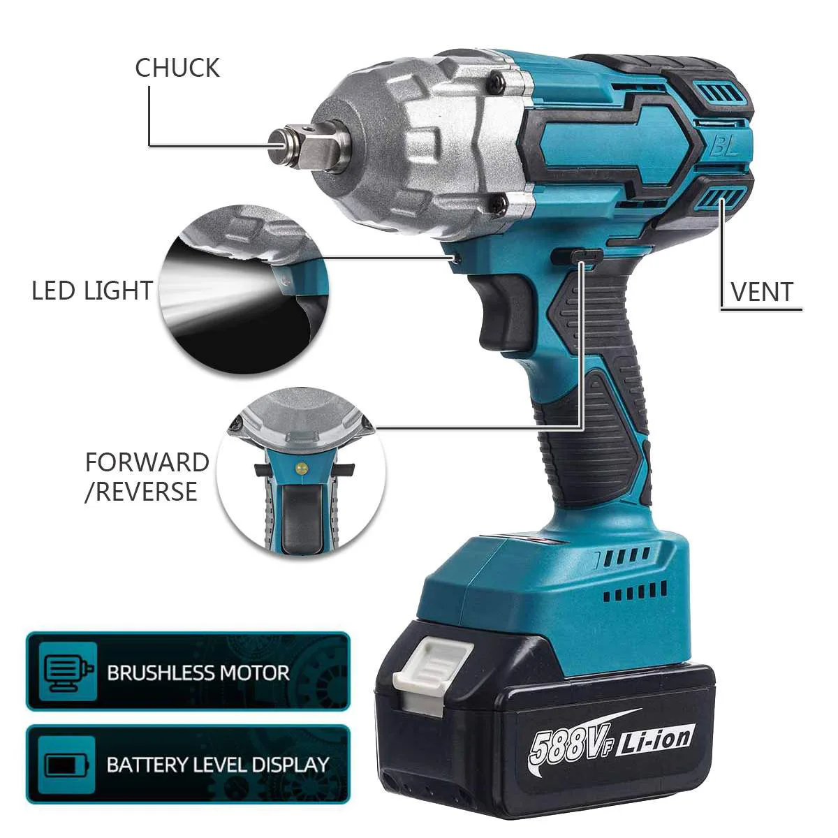 

keuhz Brushless Electric Impact Wrench 600N.M 1/2 inch Socket Power Tools 588Vf Li Battery +LED Adapt to Makita 18V Battery