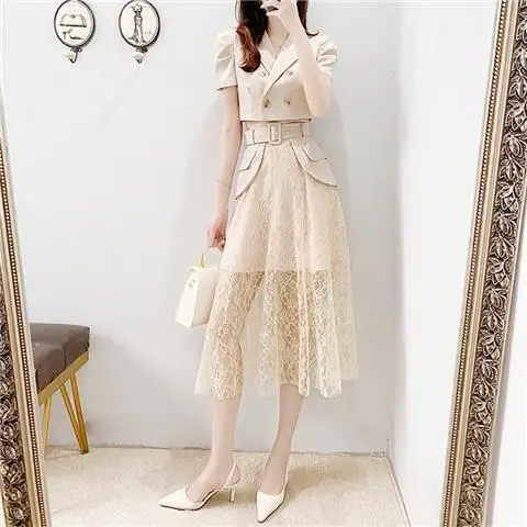 

Women 2022 Summer New Cropped Blazer 2 Piece Set High Waist Lace Skirts Sets Female Double Breasted Blazer and Skirts Suit G78