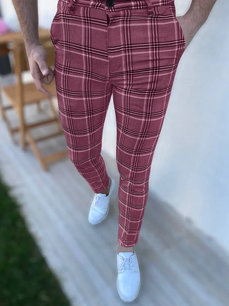 

Брюки Мужские приталенные в клетку, повседневные Прямые Штаны со средней талией, с принтом, стильные брюки-карандаш, весна 2022