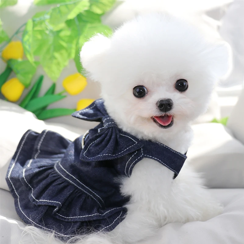 Beautiful Cowboy Dog Skirt Spring Summer Couples Dog Clothes Teddy Dress Pet Solid Color Open Shirt Puppy Breathable Clothes