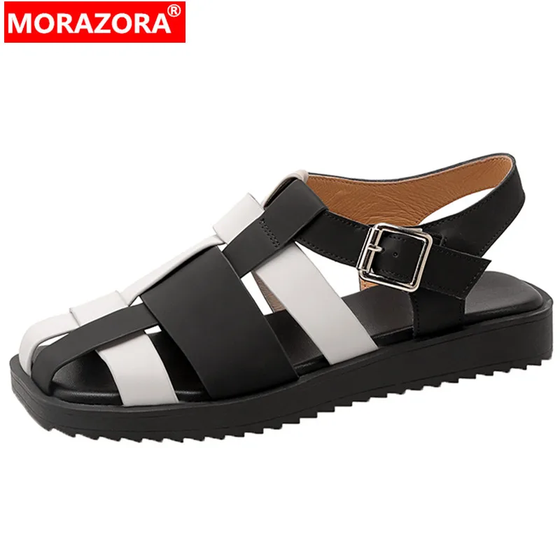 

Женские босоножки из натуральной кожи MORAZORA, черные босоножки из натуральной кожи, на плоской подошве, с пряжкой, размер 33-40, лето 2023