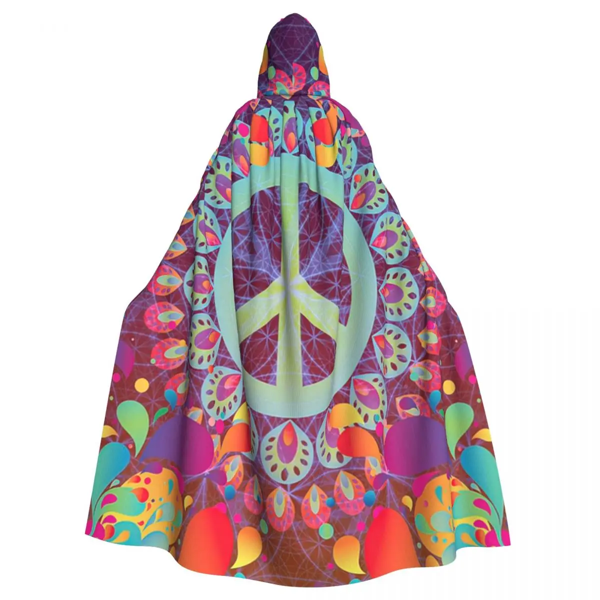 

Hippie Style Hooded Cloak Halloween Party Cosplay Peace Signs Woman Men Adult Long Witchcraft Robe Hood