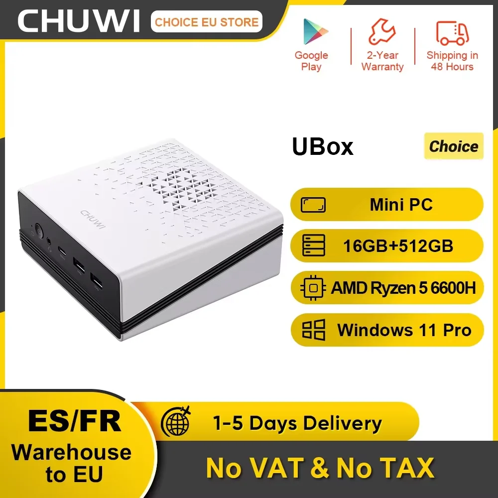 Mini PC CHUWI UBox, AMD Ryzen 5 6600H, 16 GB DDR5, SSD 512 GB, Windows 11 Pro, 4K 144 Hz, Wi‑Fi 6, 650 g