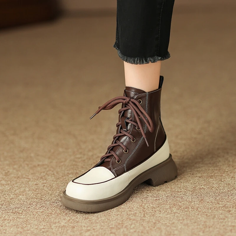 

NEW Fall Women Boots Round Toe Chunky Shoes Women Mixed Color Split Leather Boots Casual Winter Lace-up Thick Heel Short Boots