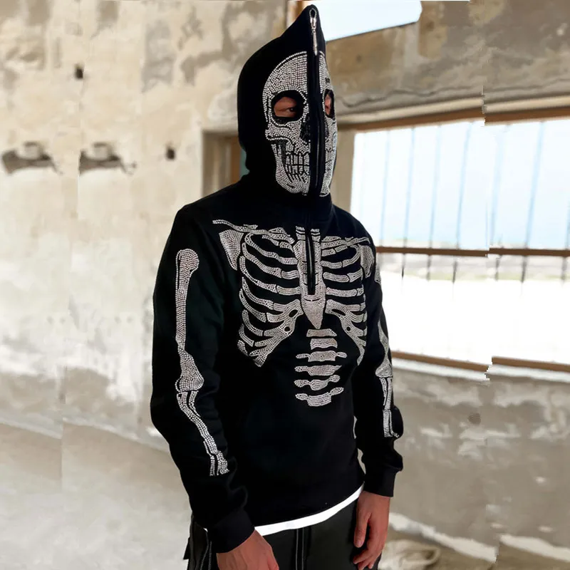 

Мужская Уличная одежда, худи с черепами Y2K, винтажная Черная Толстовка Оверсайз с капюшоном на молнии, трапециевидная Толстовка