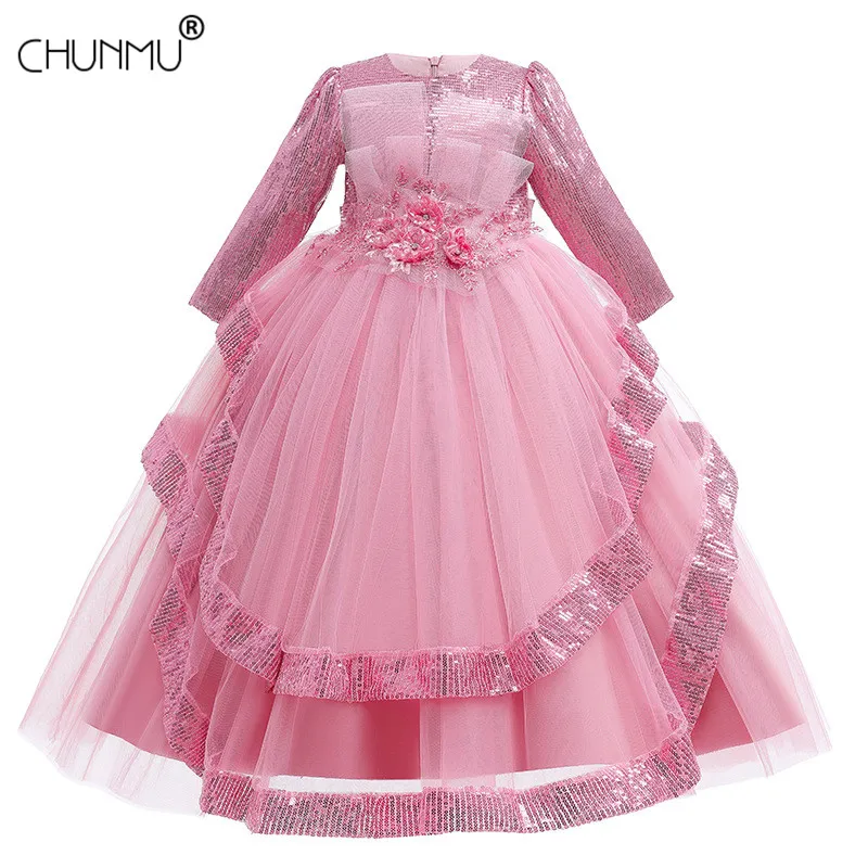 

Flower Girls Dress for Kids Long Sleeve Toddle Party Gown Sequin Embroidered Mesh Tutu Dress Children New Year Dress Clothing
