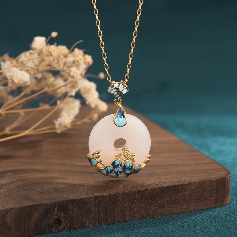 

National Tide China Style Necklace Copper Gold Plated Retro Cloisonne Mountain Sea Round Hetian Jade Necklaces For Women Jewelry