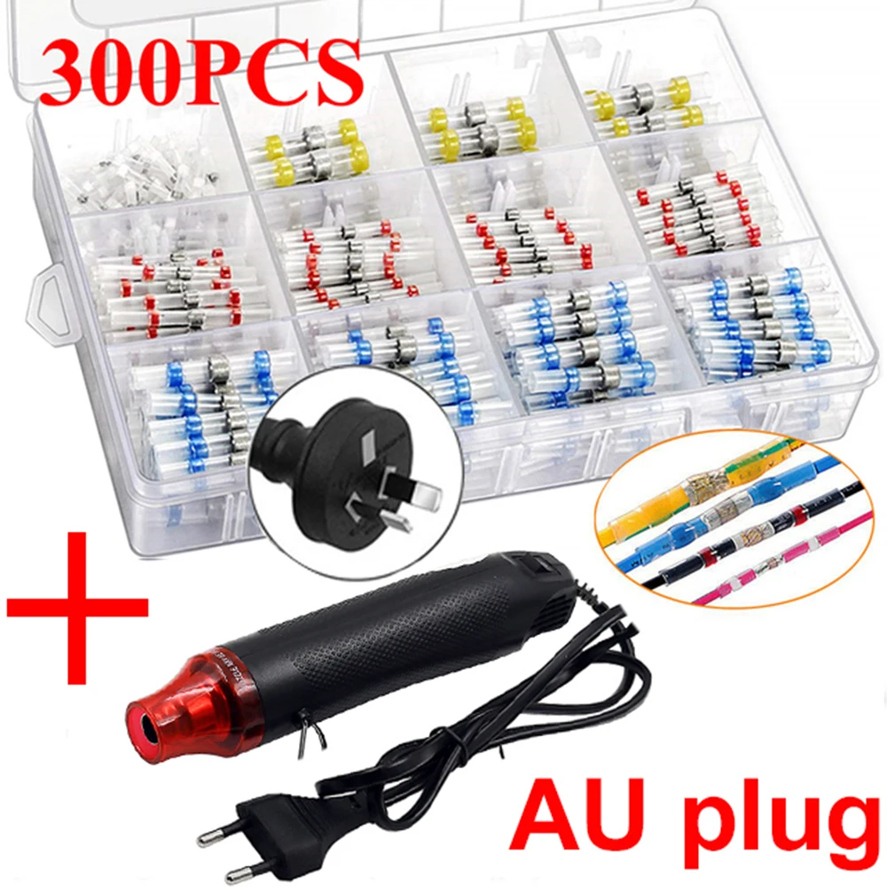 

50/300PCS Waterproof Heat Shrink Butt Crimp Terminals Solder Seal Electrical Wire Cable Splice Terminal Kit with Hot Air Gun