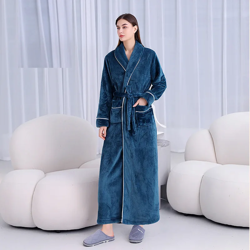 2022 Autumn Winter Long Couple's Dressing Gown Warm Flannel Bath Belt Robes Night Sleepwear Women Men Kimono