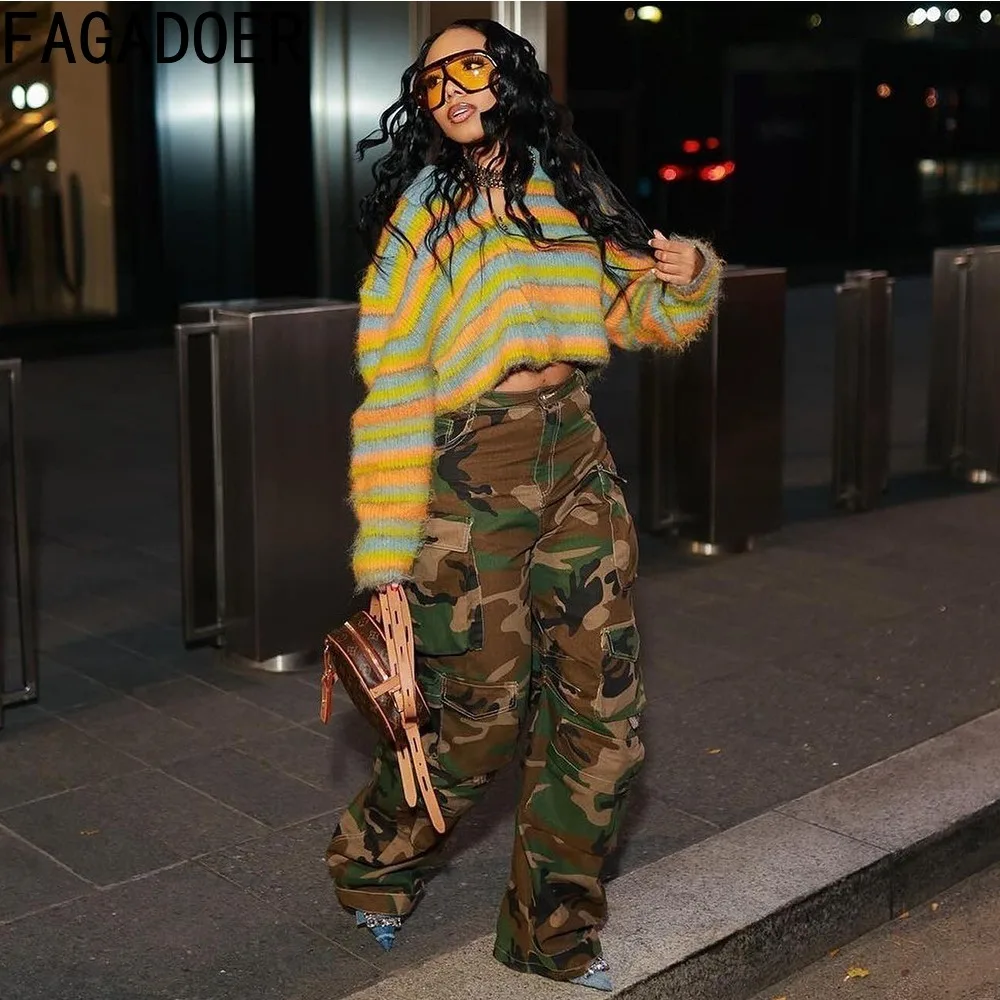 Брюки-карго женские камуфляжные с завышенной талией и пуговицами