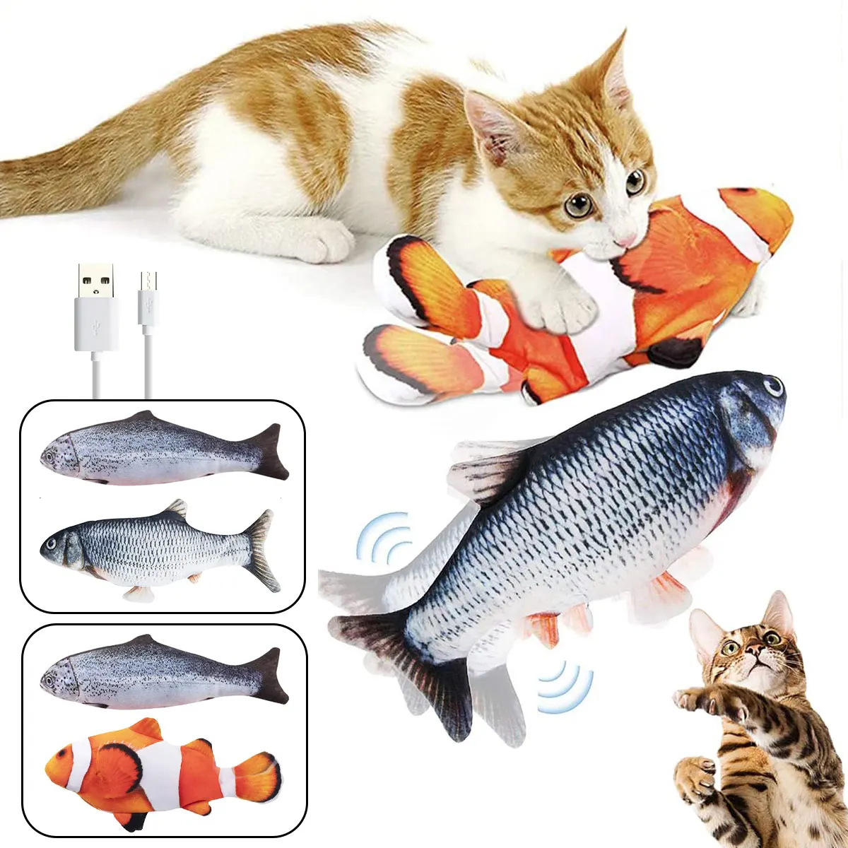 

2Pcs Cat Fish Toys Lifelike Funny Electric Wagging Fish Toy USB Charging Cat Fish Toy Realistic Fish Chew Interactive Toy