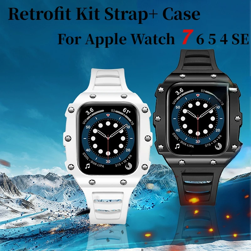 

Retrofit Kit Strap For Apple Watch 45mm 44mm 42mm 40mm 41mm Rubber Strap+Carbon Fiber/Ceramic Kit Case iWatch Series8 7 6 5 4 SE