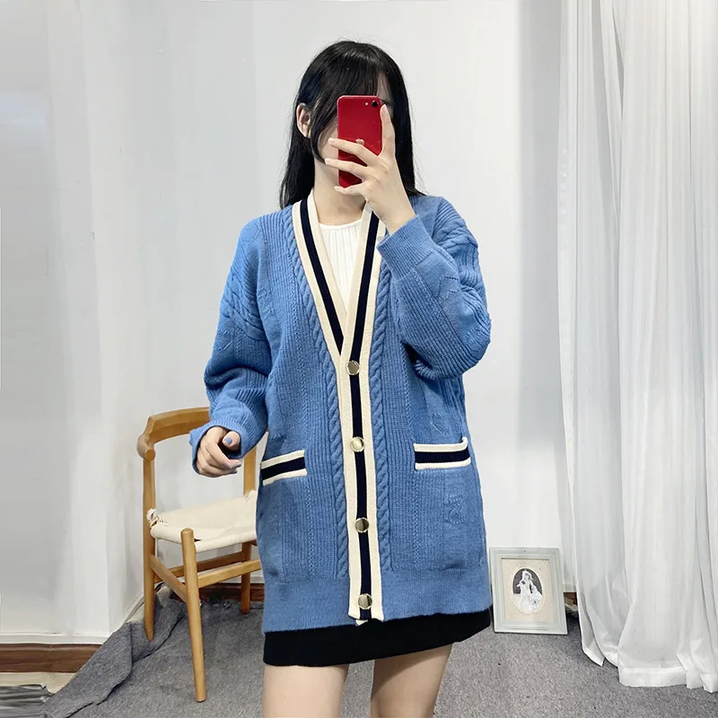 YOUPING 2022 Autumn New Women's Blue Sweater Cardigan Long Sleeve V-Neck French High Quality Elegant Top Fashion Knit Sweaters