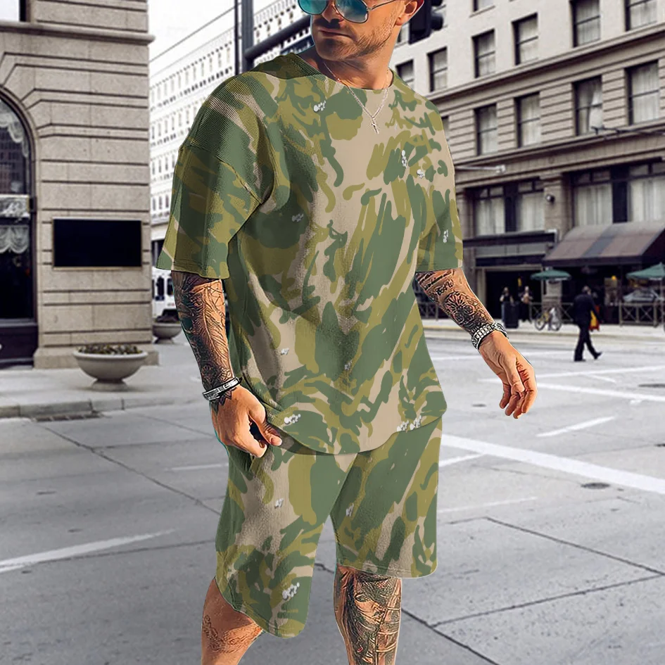 2023 Men's Camouflage T-Shirt Set Fashion Short Sleeve Shirt Summer Harajuku Loose Streetwear Casual Male Clothing Oversized