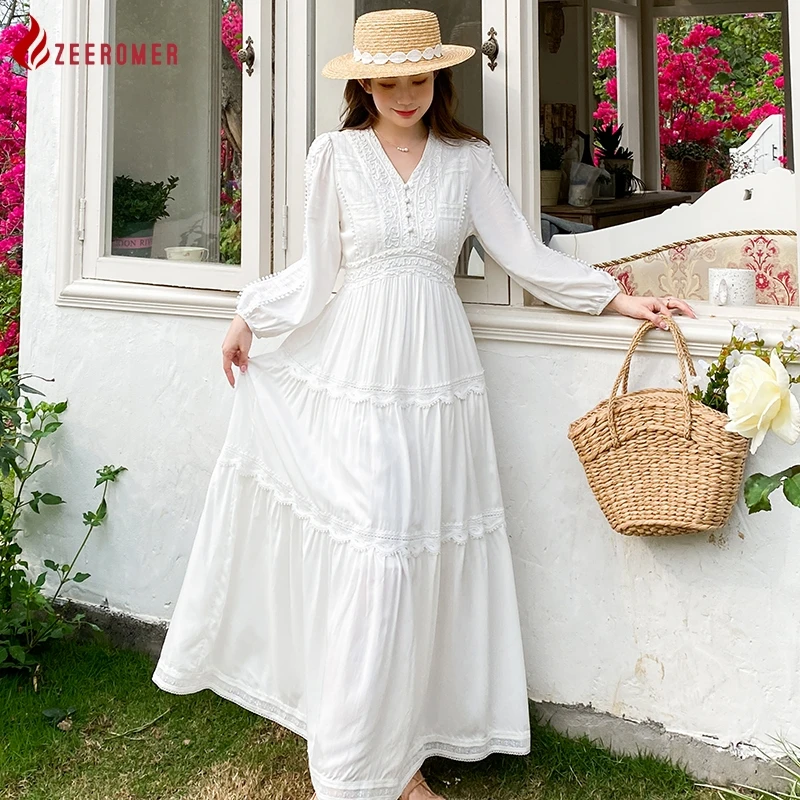 

Женское длинное платье в стиле бохо, элегантное белое хлопковое лоскутное платье с V-образным вырезом и рукавами-фонариками для отдыха, лето 2023