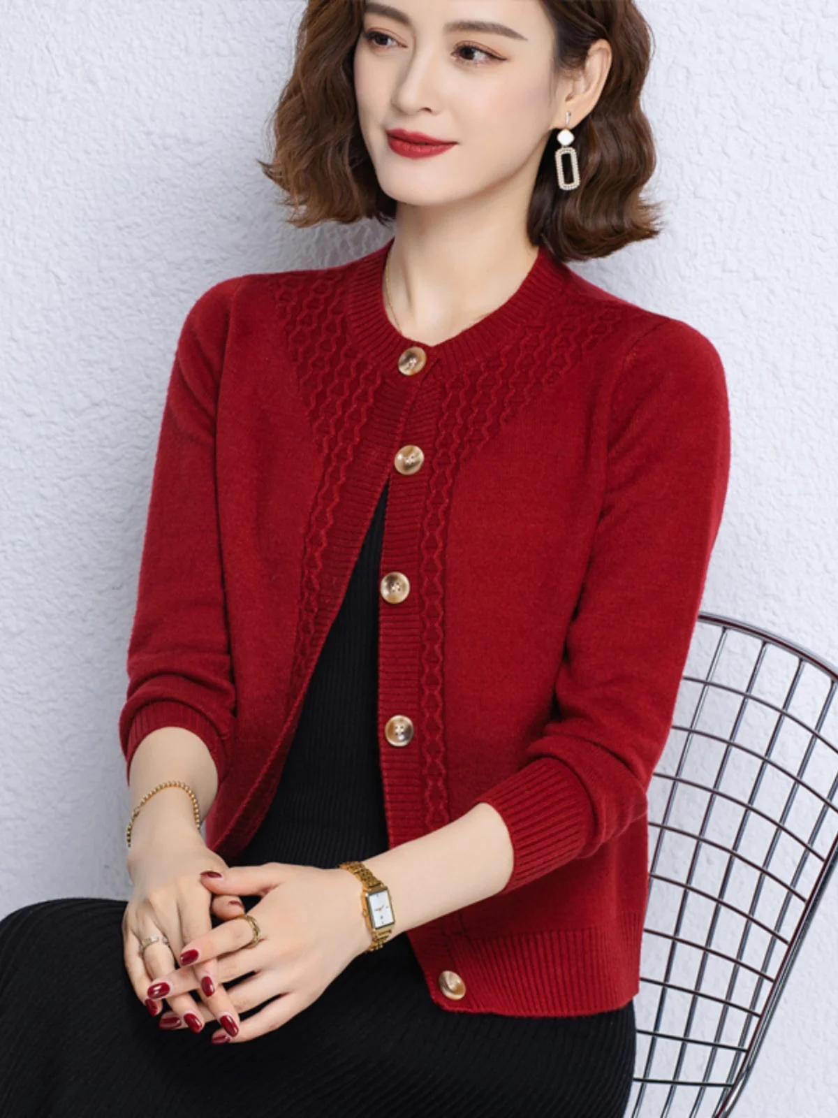 Шерстяной свитер Женская одежда Весна и осень Однотонный вязаный кардиган