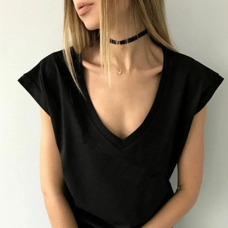 

Summer T Shirt Women Short Sleeve V Neck Loose Casual Sexy Women T Shirt FD10645