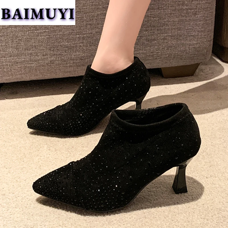 Женские ботильоны с кристаллами привлекательная обувь на высоком каблуке острым