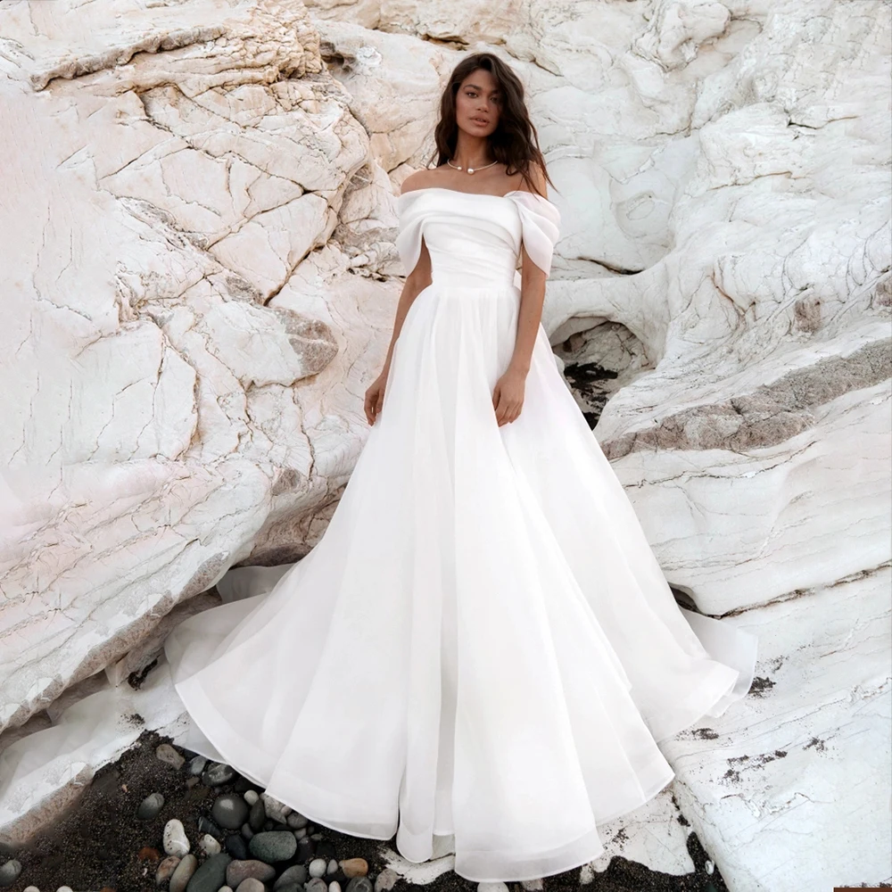 

UETEEY White Wedding Dress Zipper Back Simple Off Shoulder A-Line Organza Wedding Gowns 2022 Sweep Train