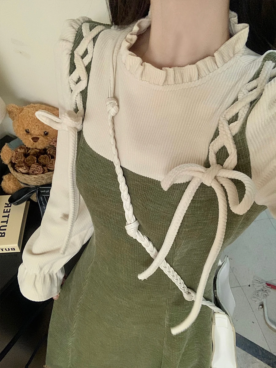 Плюс размер Chubby Girl French sle Retro Fake Two Pieces Базовое платье с длинными рукавами зимнее