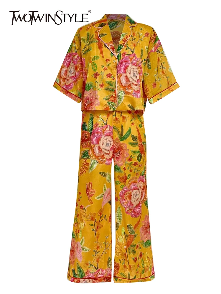 

TWOTWINSTYLE Hit Color Printing Two Piece Sets For Women V Neck Short Sleeves Blouse High Waist Wide Leg Pants Casual Set Female