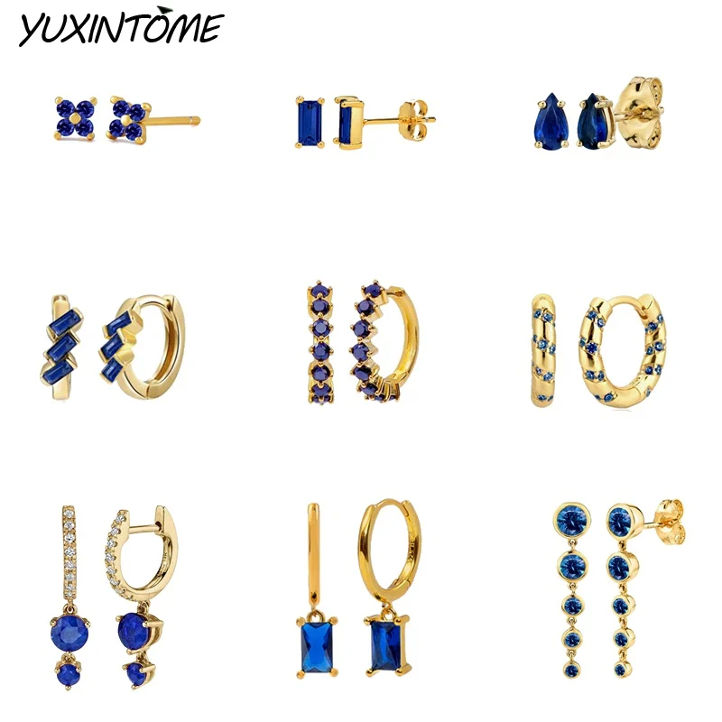 925 Sterling Silver Needle Mysterious Blue Series Small Hoop Earrings for Women 24K Gold Earrings Trend Jewelry Ear Accessories