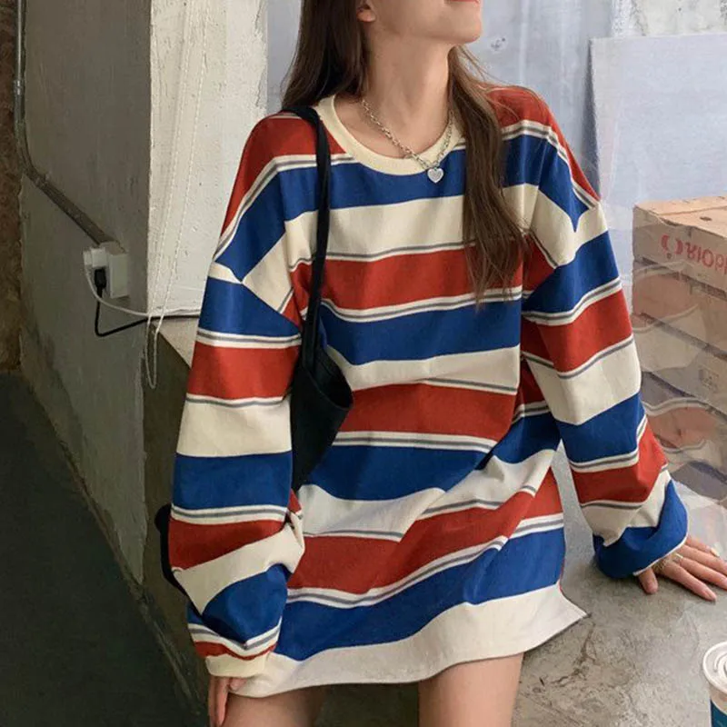 

Loose Stripe O-neck T-shirt Woman's Korea Oversized Long Sleeve Tops Woman Casual 2XL Long T-shirts Harajuku Women 2021 Autumn