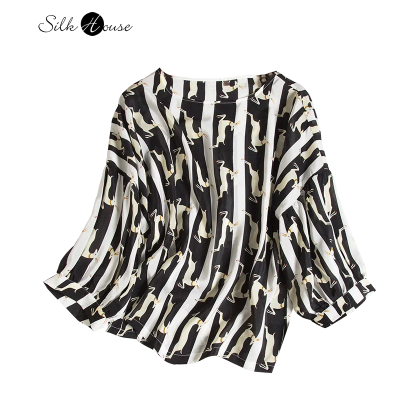 

2022 New Women's Fashion T-shirt Black Stripe Elk Printed Lantern Sleeve Mulberry Silk Top Women's Office T-shirt