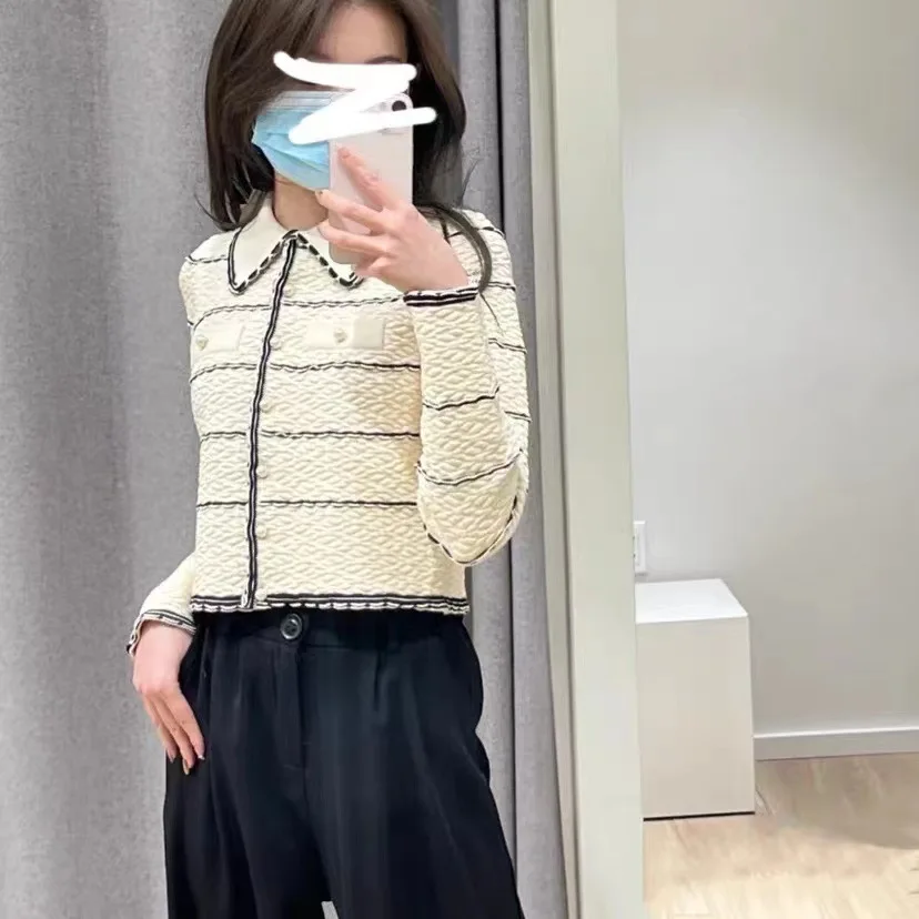 

Ladies Striped Wave Float Pearl Buckle Turn-down Knitted Cardigan Or Skirt Set