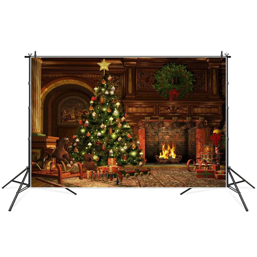 

Christmas Tree Wreath Fireplace Toys Photography Backgrounds Custom Baby Holiday Party Decoration Studio Photo Booth Backdrops