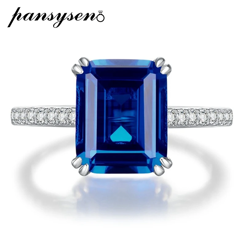 

PANSYSEN Vintage Solid 925 Sterling Silver 8*10MM Emerald Cut Sapphire Ruby Gemstone Ring Cocktail Party Fine Jewelry Wholesale