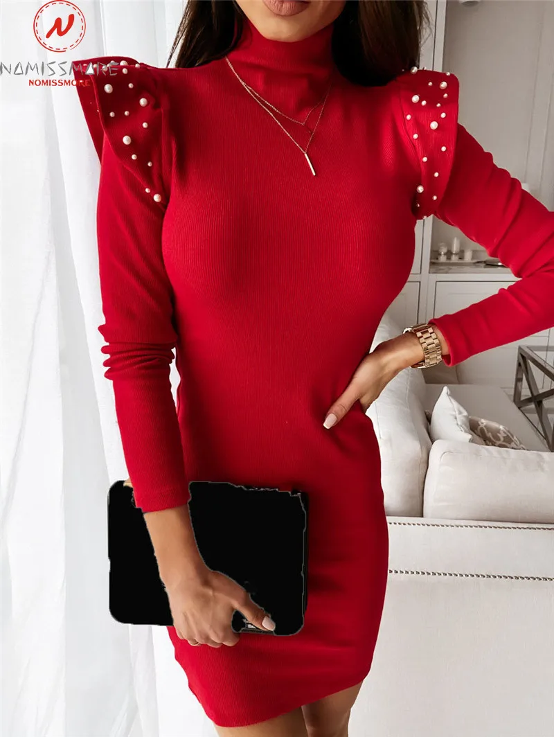 

Elegant Women Solid Color Pencil Dress Bead Ruffles Decor High Collar Mid Waist Long Sleeve Autumn Slim Hips Knitted Mini Dress