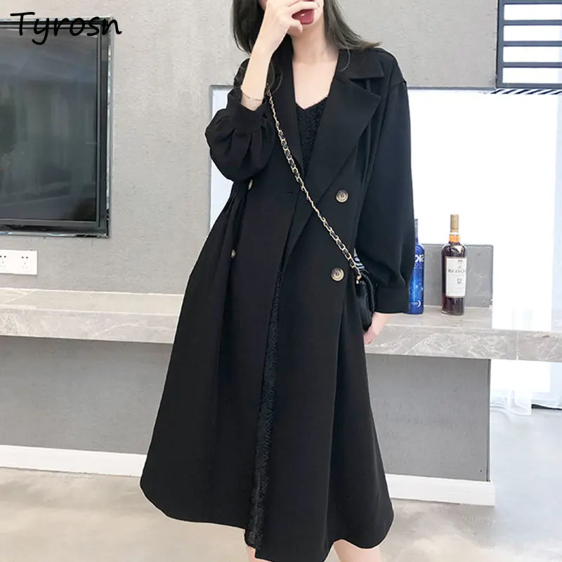 

Women Black Trench Coats Double Breasted Thin Long Windbreaker Office Lady Temperament Design Korean Outerwear Female M-4XL Chic