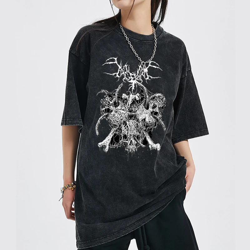 

Футболки с цифровым текстильным принтом черепа, Готическая футболка с коротким рукавом, хлопковая Футболка с рисунком в стиле гранж, женска...