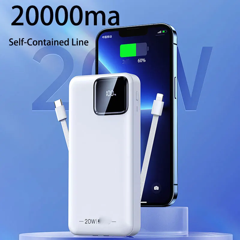 

20000mAh Power Bank with Built in Cables Huge Capacity Portable Charger with 2 Output External Battery for iPhone Samsung