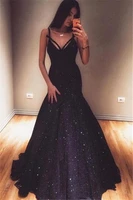 charming black sequins evening dresses sexy a line v neck backless prom gowns spaghetti straps party dress floor length