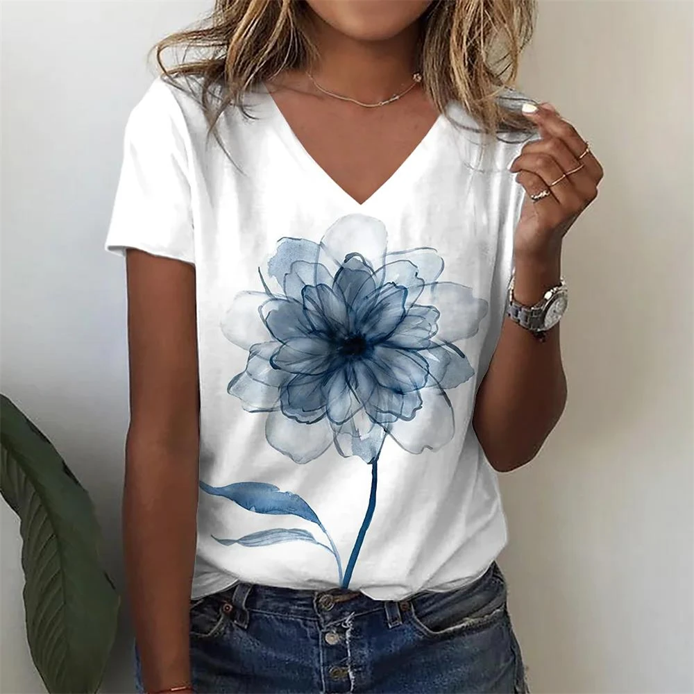 

Holiday Casual Loose Women'S Abstract Floral Oversized Luxury V-Neck Basic Top Breathable 3d Print Streetwear Fashion Female Tee