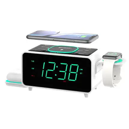 

SmartSet Multiple Wireless Charging Alarm Clock Radio with Bluetooth Speaker USB Charger, Cyan Night LED and 1.4” Cyan Displa