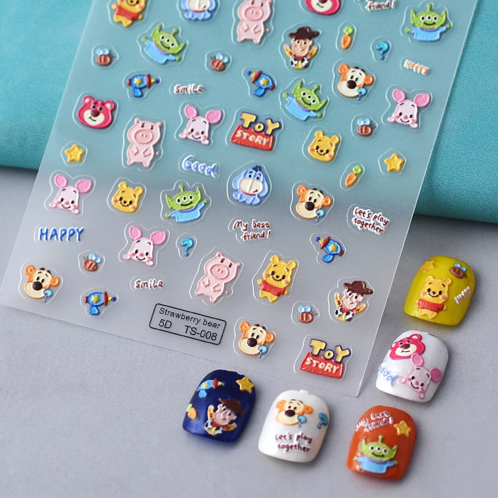 

1PCS Disney Anime Winnie the Pooh Strawberry Bear 5D Nail Stickers Nail Art Supplies Cute Cartoon Cat Nail Decals Stickers