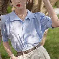 summer french elegant puff sleeve chiffon shirt women solid white retro short sleeved shirt loose thin chic buttons up top 2022