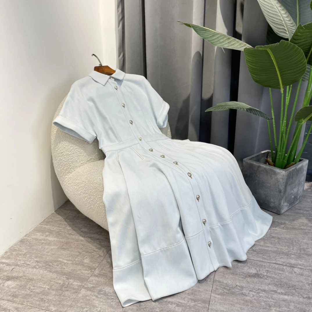

2022 Summer Graceful Woman High Quality Cotton Turn-down Collar Pleated Solid Blue Mid-Calf Dress