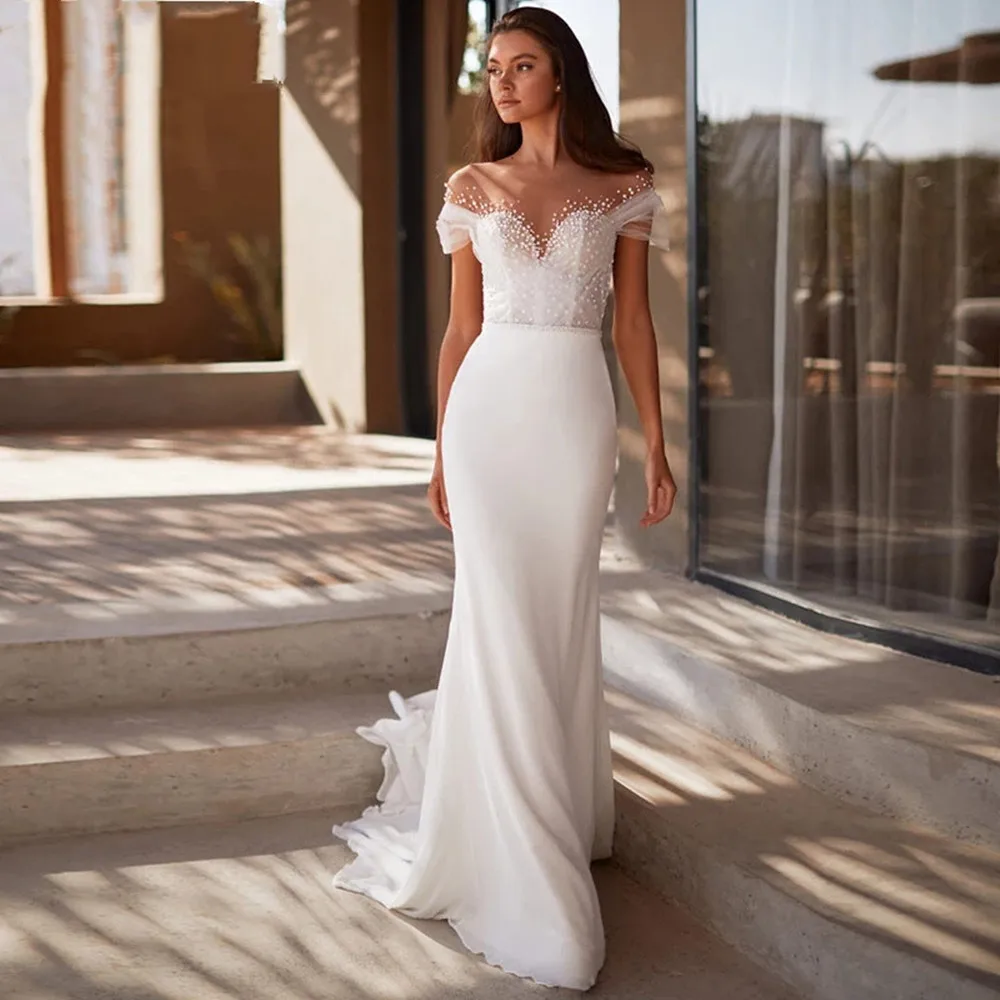 

Off the Shoulder Chiffon Mermaid Wedding Dresses 2022 Pattern Beach Mermaid Gown Scoop Neck Lace Sweep Train Vestido De Novia