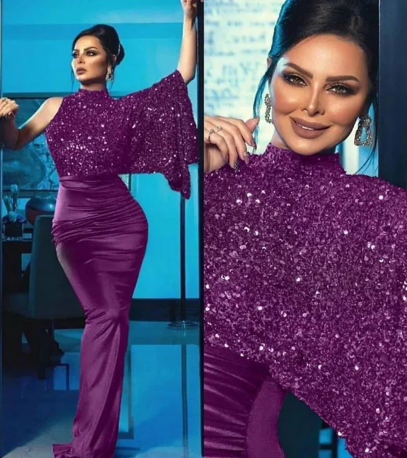 

Elegant Royal Blue Sequins Long Prom Dress High Neck One Shoulder Mermaid Formal Evening Gowns Arabic Dubai Vestidos De Fieast