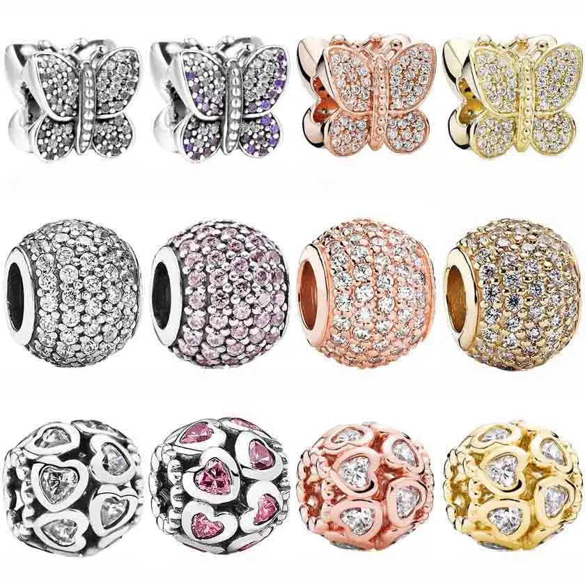 

Fashion Sparkling Ball Butterfly Love Heart Bonds With Crystal Charm 925 Sterling Silver Beads Fit Bracelet Bangle DIY Jewelry