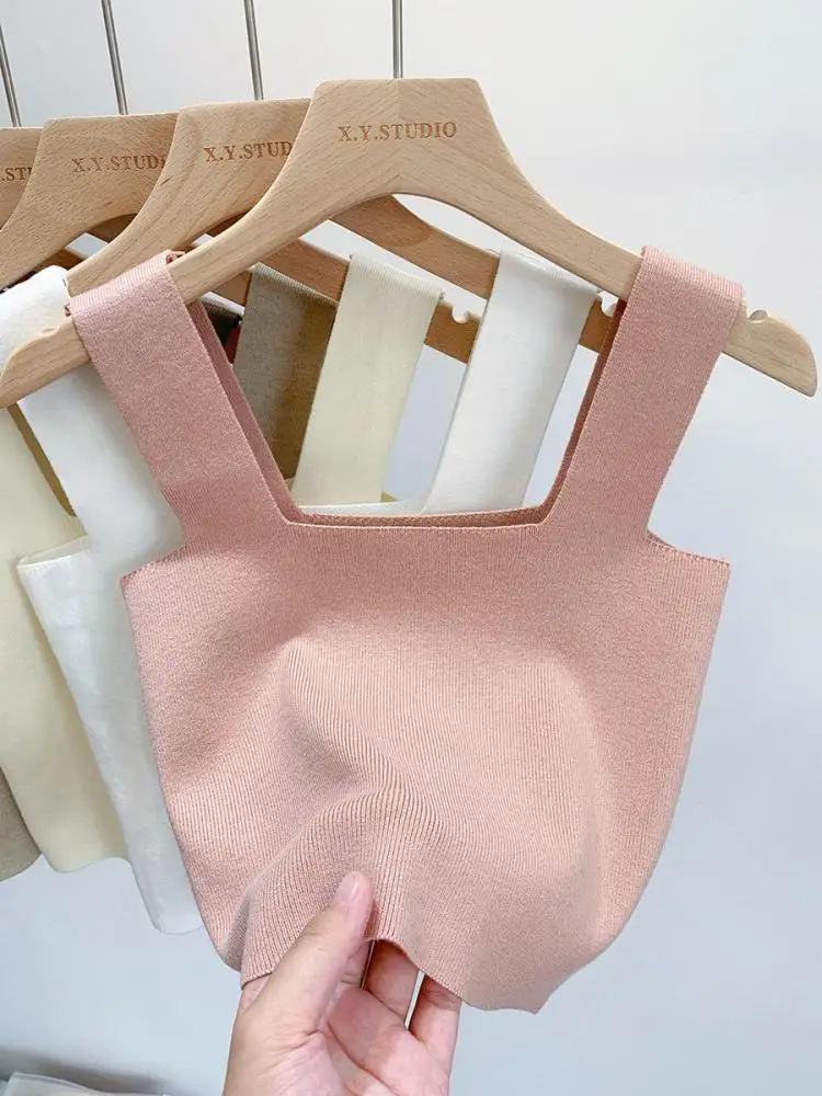 Женский трикотажный топ без рукавов короткий с квадратным вырезом 6 цветов лето