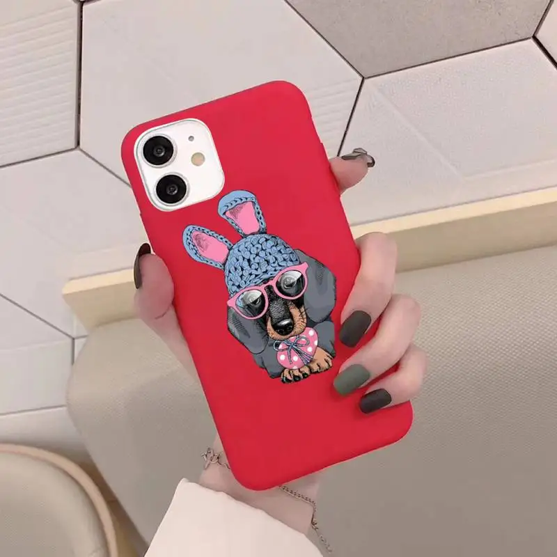 

YNDFCNB Dachshund Dog Phone Case for iPhone 11 12 13 Mini Pro Xs Max 8 7 6 6S Plus X XR Solid Candy Color Case