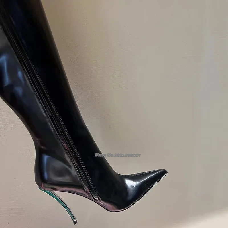 Blade 110mm heeled black leather knee high boots Women Pointed Toe Leather Winter Long Boots Plus Size 35-43