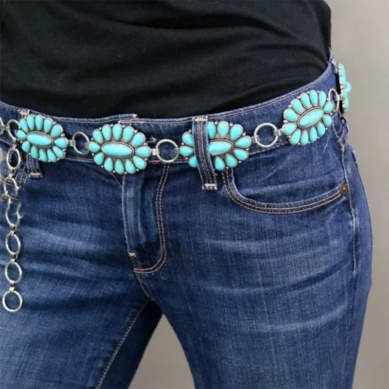 43' WESTERN TURQUOISE CONCHO CHAIN BELT for Women Cowgirl Squash Blossom Inspired Oval Turquoise Cabochon Belt with Stone Access
